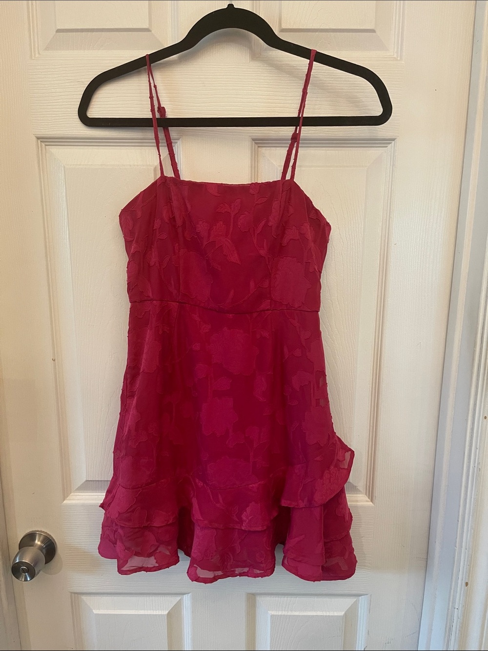 Francesca's Collections Hot Pink Floral Jacquard Tiered Mini Dress